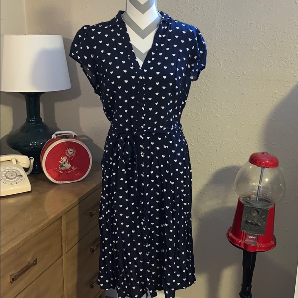 Navy Heart Print Tie-Waist Dress